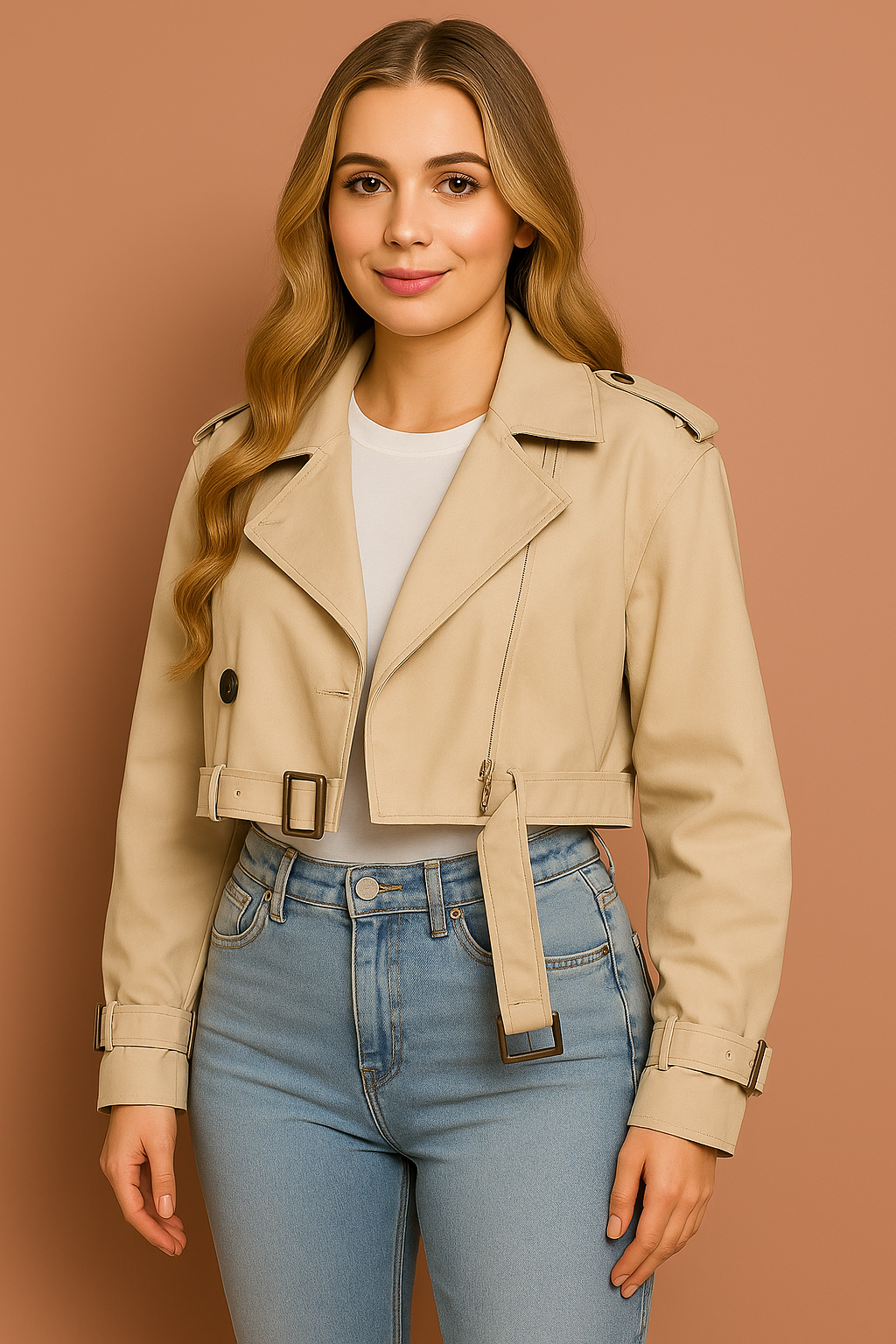 Cropped Belted Trench Jacket
